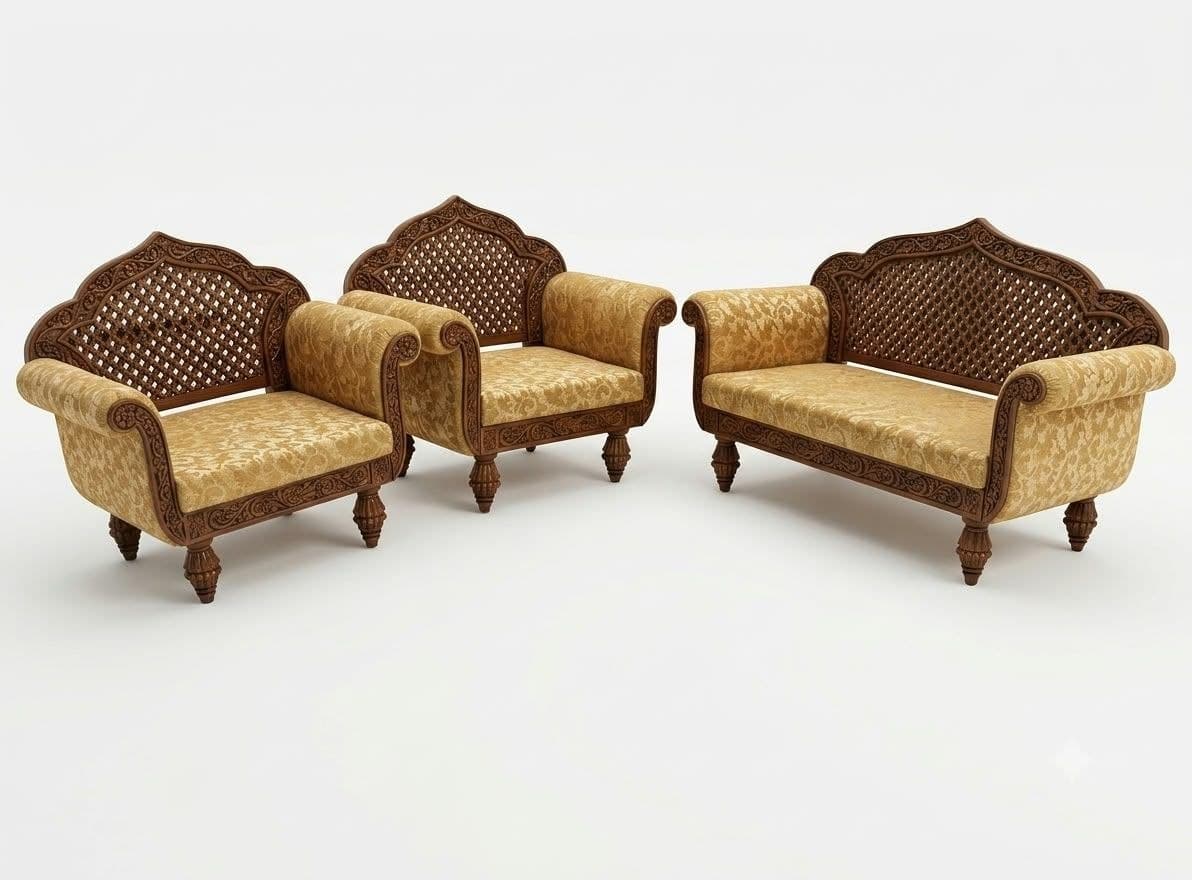 Hand-carved wooden sofa set with jaali backrests and floral upholstery