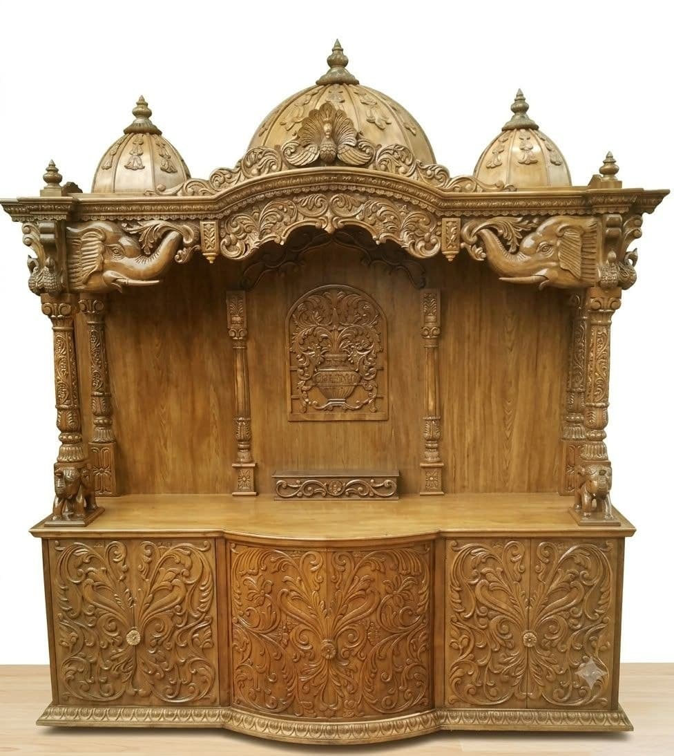 Minimal wooden mandir niche with brass inlay