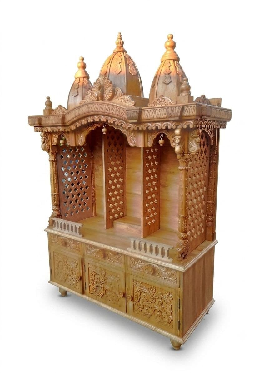 Wooden mandir with ornate double doors