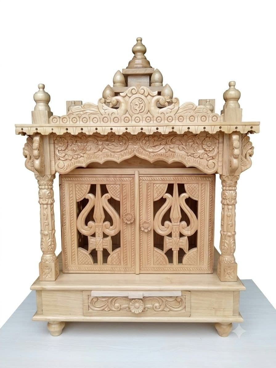 Grand carved wooden mandir with entryway arch