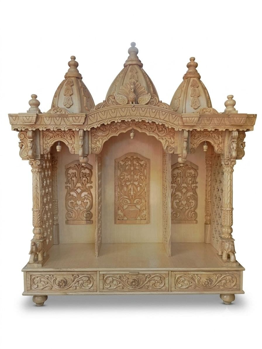 Wooden mandir with twin carved spires