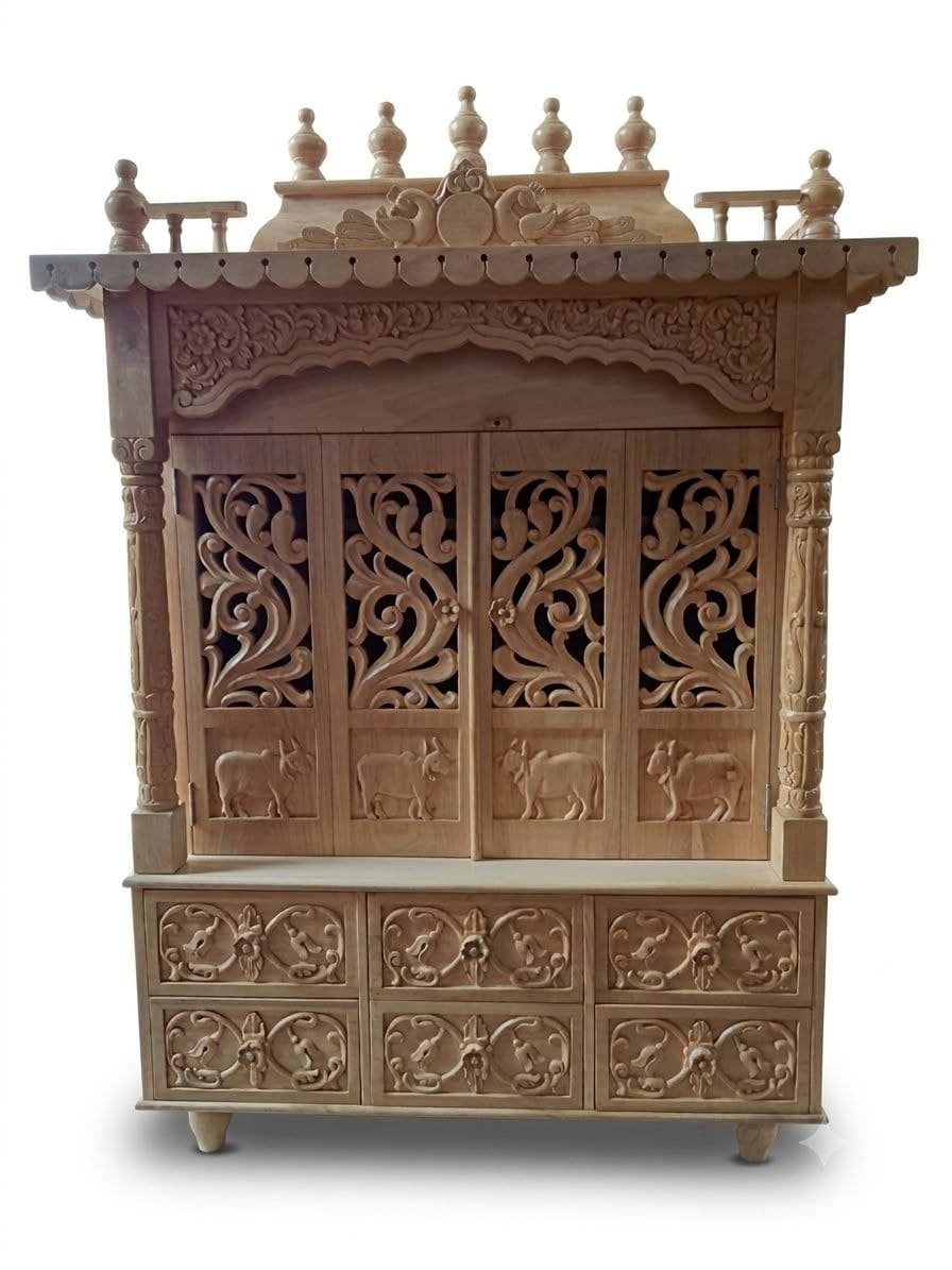Wooden mandir with carved latticework side panels