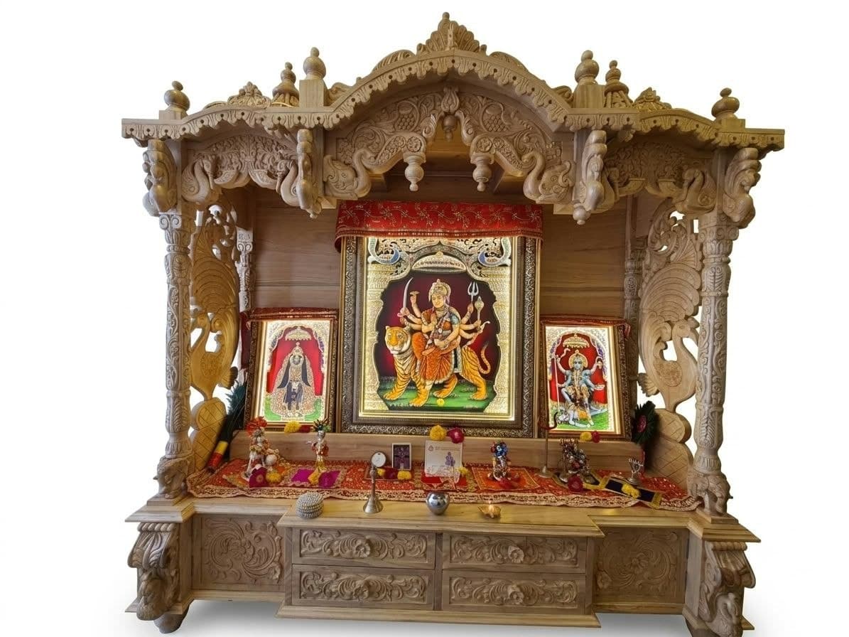 Grand wooden mandir with carved pillared sanctum