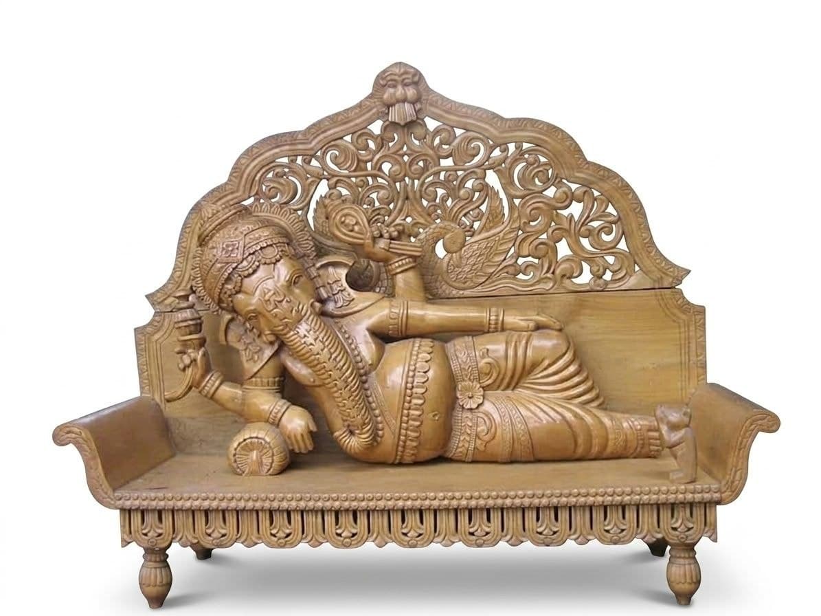 Hand-carved wooden reclining Ganesh murti